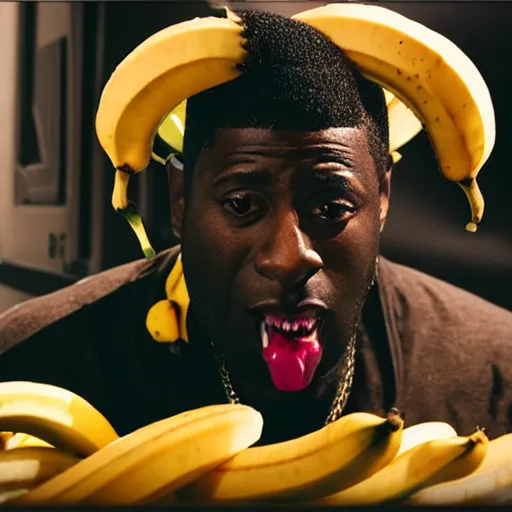 Image similar to angry gucci mane eating bananas in the hood, 8k resolution, full HD, cinematic lighting, award winning, anatomically correct