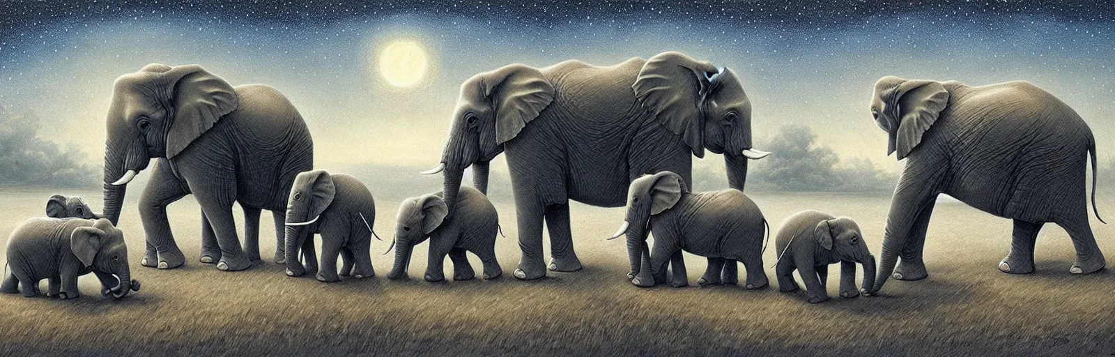 Image similar to two adult elephants and a baby elephants sleeping soundly under a starry sky, small group, surrounded by savannah, illustration, detailed, smooth, soft, warm, by Adolf Lachman, Shaun Tan, Surrealism