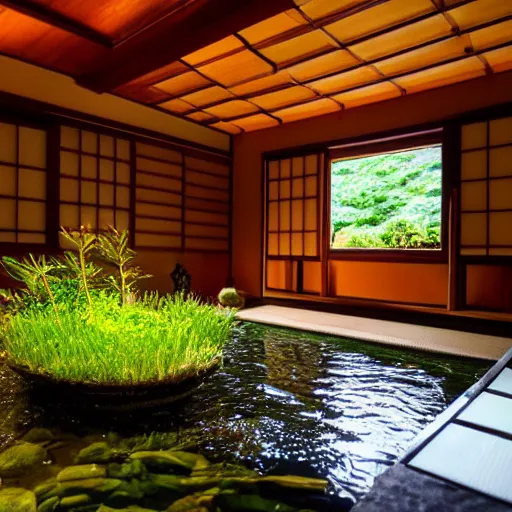 Image similar to inside a cozy dark wooden Japanese house with a indoor koi pond, bonsai trees, stream flowing through the house,fireflies, wild flowers, raining, bamboo forest, evening time, peaceful, calm, atmospheric