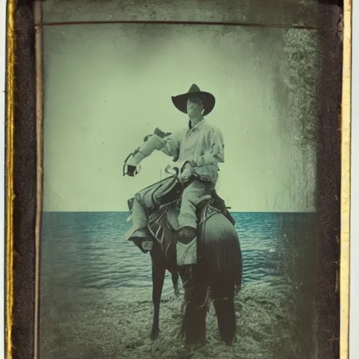 Image similar to tintype photo, bottom of the ocean, cowboy riding alien