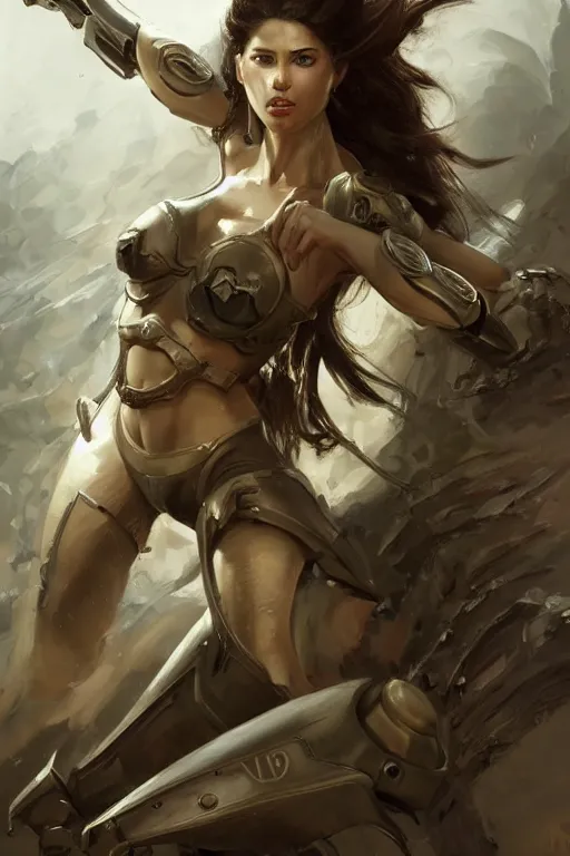 Image similar to a professional painting of an attractive young female clothed in military armor, olive skin, long dark hair, beautiful bone structure, symmetrical facial features, intricate, elegant, digital painting, concept art, smooth, sharp focus, illustration, from StarCraft by Ruan Jia and Mandy Jurgens and Artgerm and William-Adolphe Bouguerea