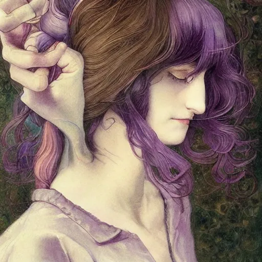 Image similar to little tomboy, purple tunic, soft hair. light color palate, detailed soft painting, ayami kojima, anatomically correct, inspired in balthus