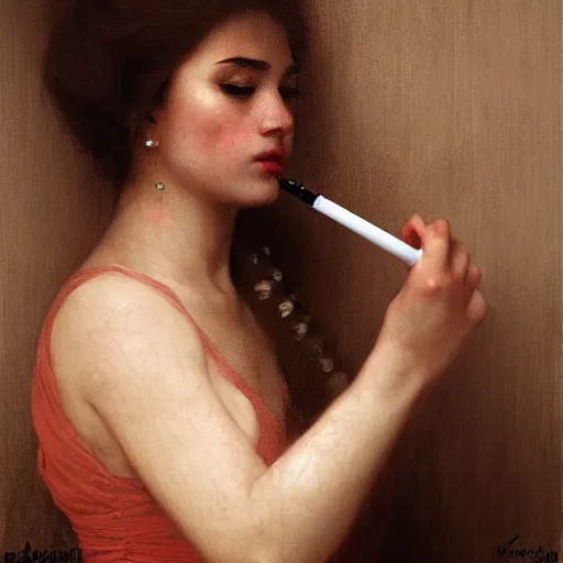 Prompt: Young woman smoking cigarette, womans face is draped with bones. Digital painting. Art station. Mood lighting. highly detailed, concept art, intricate, sharp focus, art by bouguereau - h 1200