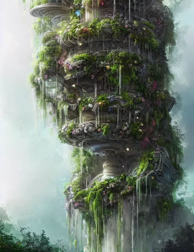 Image similar to a beautiful illustration of a fluid form future mansion with hanging gardens, trending on artstation, digital art, 4 k resolution, detailed, high quality, sharp focus, hq artwork, coherent, insane detail, character portrait