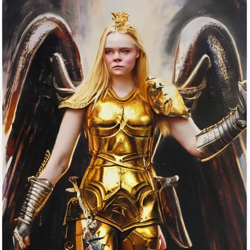 Prompt: ultra realistic medium shot portrait painting of elle fanning wearing golden valkyrie armor, art by frank frazetta, 4 k, ultra realistic, highly detailed, epic lighting