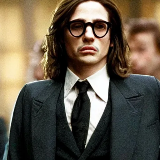 Prompt: a screenshot of a handsome guy with very long hair chestnut hair, with nerdy glasses in the godfather part 2 movie