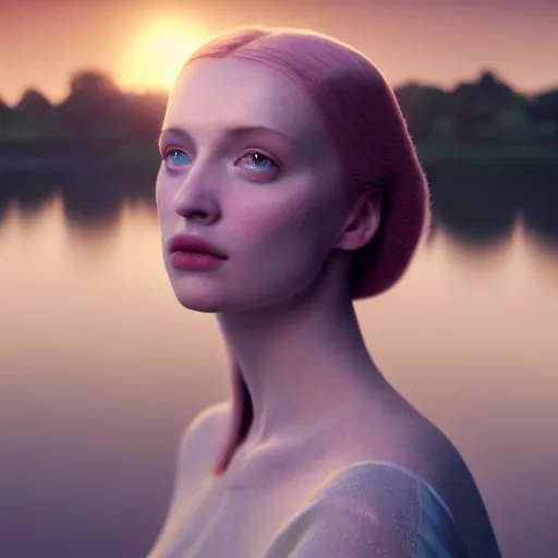 Image similar to photographic portrait of a stunningly beautiful english renaissance female in soft dreamy light at sunset, beside the river, soft focus, contemporary fashion shoot, in a denis villeneuve and tim burton movie, by edward robert hughes, annie leibovitz and steve mccurry, david lazar, jimmy nelsson, extremely detailed, breathtaking, hyperrealistic, perfect face, octane render