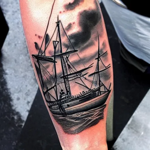 Prompt: realism tattoo design of a pirate ship, by Matteo Pasqualin tattoo artist