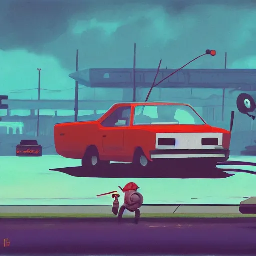 Image similar to car chase in the style of simon stalenhag