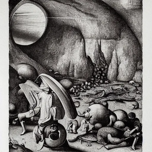 Prompt: A land art. A rip in spacetime. Did this device in his hand open a portal to another dimension or reality?! lithograph, illuminated codex gilded by Ken Kelly, by Pieter Bruegel the Elder hyperdetailed, loose