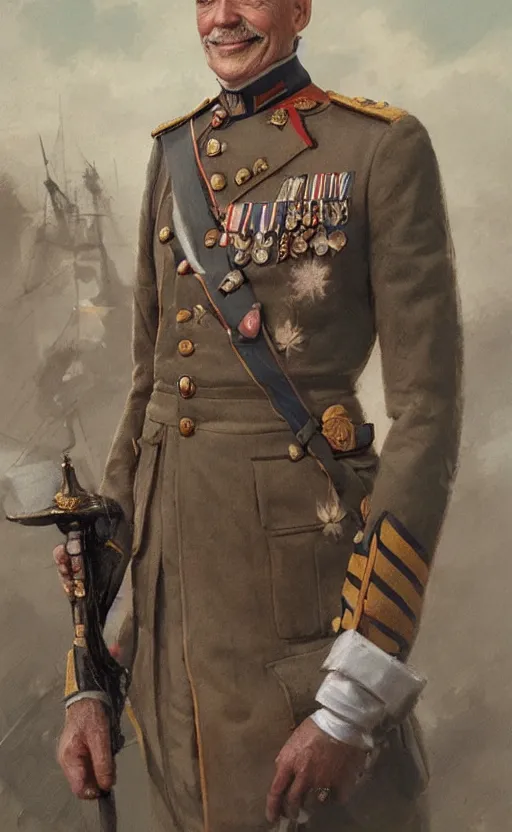 Prompt: official Portrait of a smiling WWI admiral, male, cheerful, happy, detailed face, 20th century, highly detailed, cinematic lighting, digital art painting by greg rutkowski