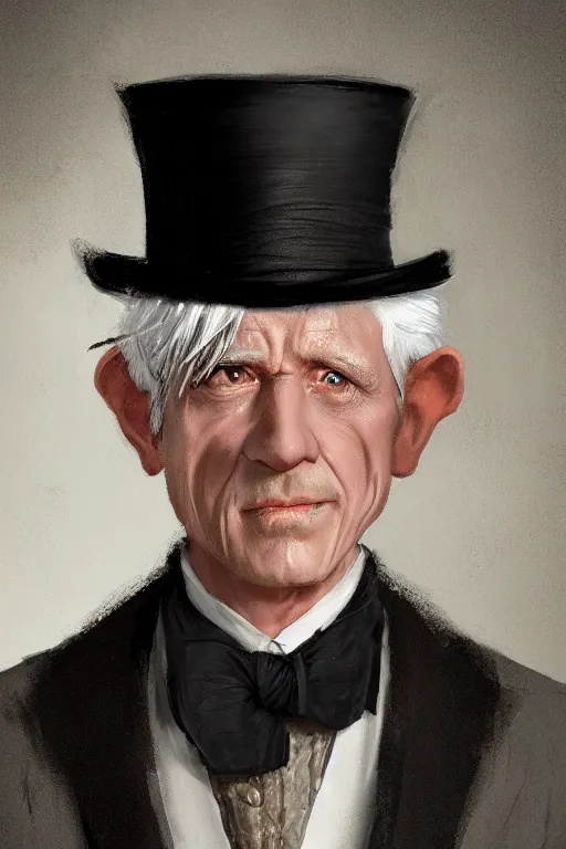 Prompt: A fancy close up of a white haired old winkled halfling wearing a suit and top hat by Greg Rutkowski, Sung Choi, Mitchell Mohrhauser, Maciej Kuciara, Johnson Ting, Maxim Verehin, Peter Konig, 8k photorealistic, cinematic lighting, HD, high details, dramatic, trending on artstation