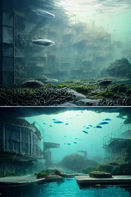 Image similar to hyperrealistic precisionist cinematic underwater neo - dystopian city ruins with giant luminescent aquatic plants, digital art masterpiece, aykut aydogdu eric zener, dramatic volumetric light, long shot, low angle uhd 8 k, sharp focus