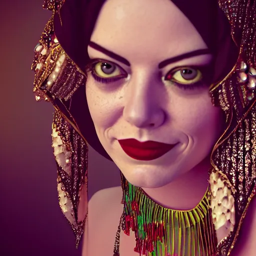 Image similar to a close up portrait of emma stone, she is dressed as a belly dancer,, arabian night, in focus sharp face with fine details, her fingers by albrecht durer, volumetric lightening, octane render, high quality, fully detailed, 4 k, alphonse mucha, masterpiece, stunning