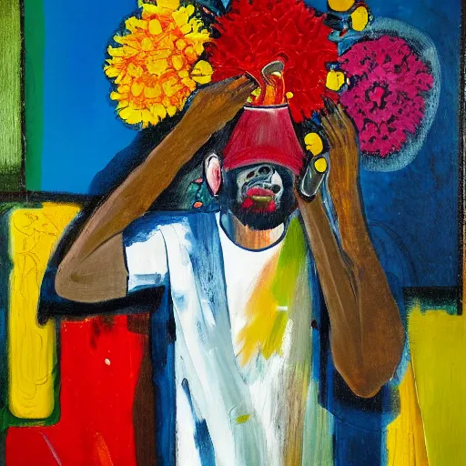 Image similar to man pouring water on head, flowers are in a pot on his head, the pot is part of his head, abstract expressionism, oil on canvas