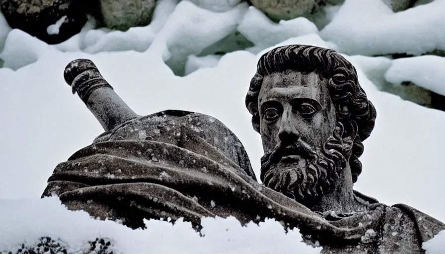Image similar to 1 9 6 0 s movie still close up of marcus aurelius in toga frozen to death under the snow on a river's shore with gravel, pine forests, cinestill 8 0 0 t 3 5 mm, high quality, heavy grain, high detail, texture, dramatic light, anamorphic, hyperrealistic, detailed hair, foggy
