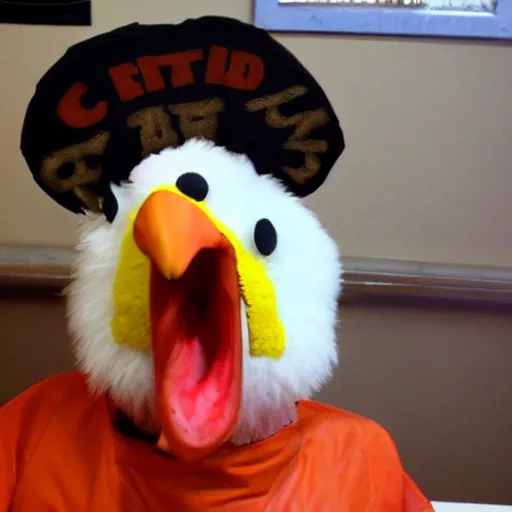 Image similar to chicken dressed as an inmate