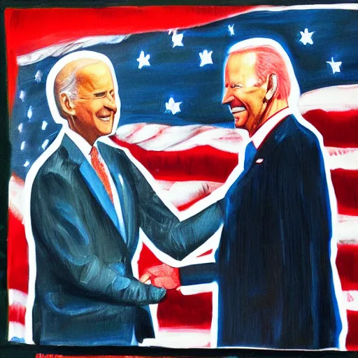 Image similar to Joe Biden shaking the hand of no one, colorful oil painting