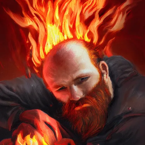 Prompt: grumpy young red haired man with red beard, wearing black coat, fire behind him, fire, fire mage, shooting fire, oil painting, fantasy artwork, fantastic artwork, 4 k, trending on artstation