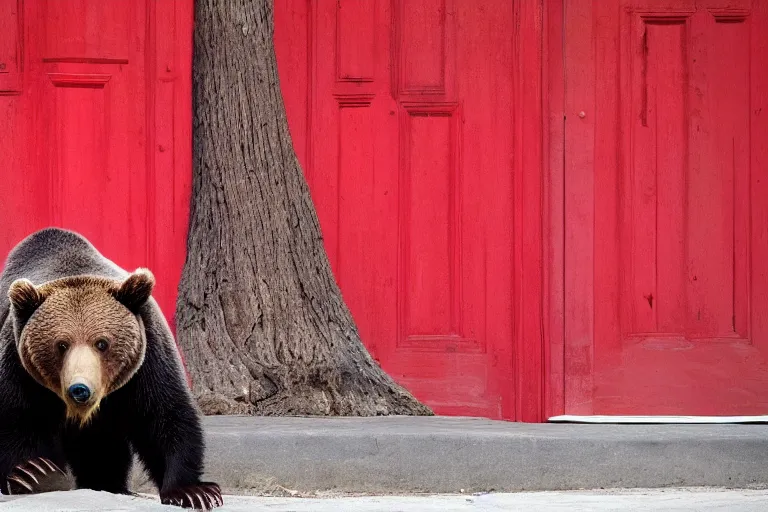 Prompt: grizzly wearing a red shirt sitting outside big sequoia tree with a red door by Roger Deakins