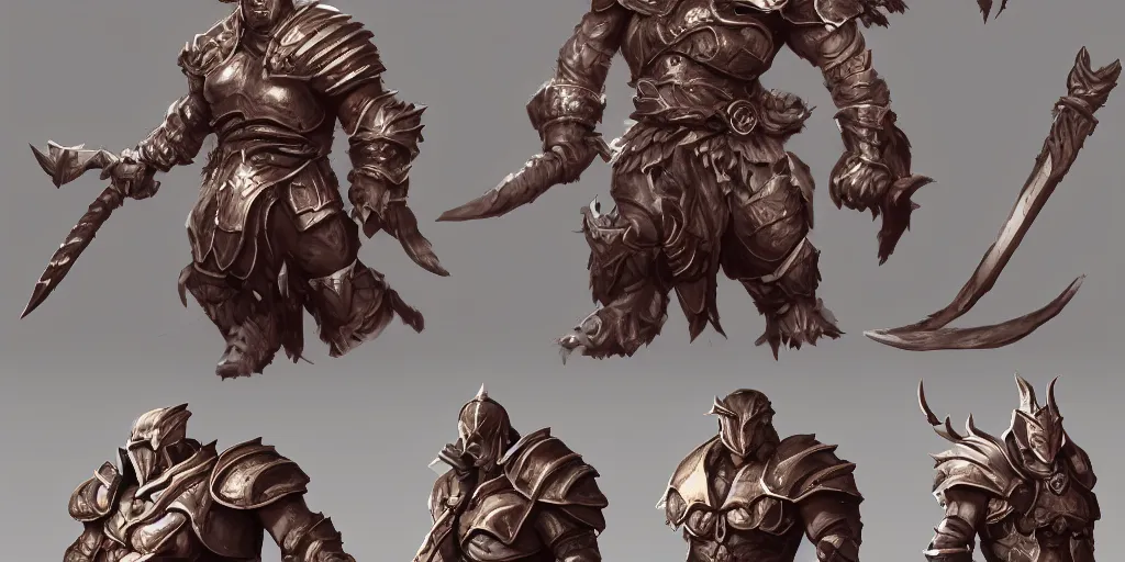 Image similar to ! dream three different views of a tough and intimidating barbarian armor, concept art by senior character artist, trending on artstation, artstation hd, full body