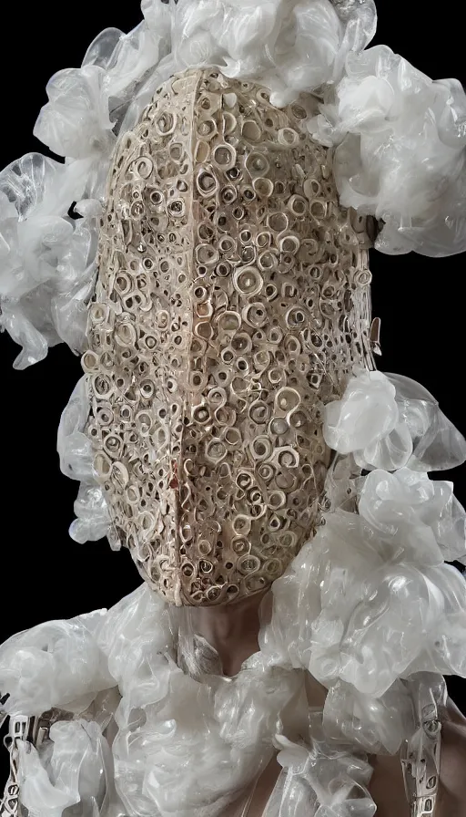 Prompt: a woman with a plastic mask on her face, a surrealist sculpture by alexander mcqueen, trending on pinterest, plasticien, biomorphic, made of plastic