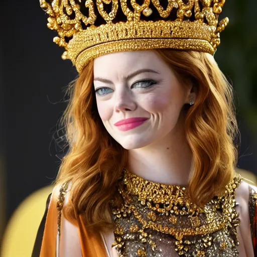 Image similar to A full body shot of Emma Stone wearing a golden Arabian crown , royality, high quality, fully detailed, 4k