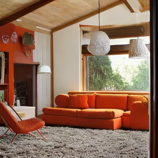 Image similar to 1 9 7 0 s interior, living room, retro, vintage, architecture, wood panel walls, green shaggy carpet, orange and brown touches, realistic, natural lighting