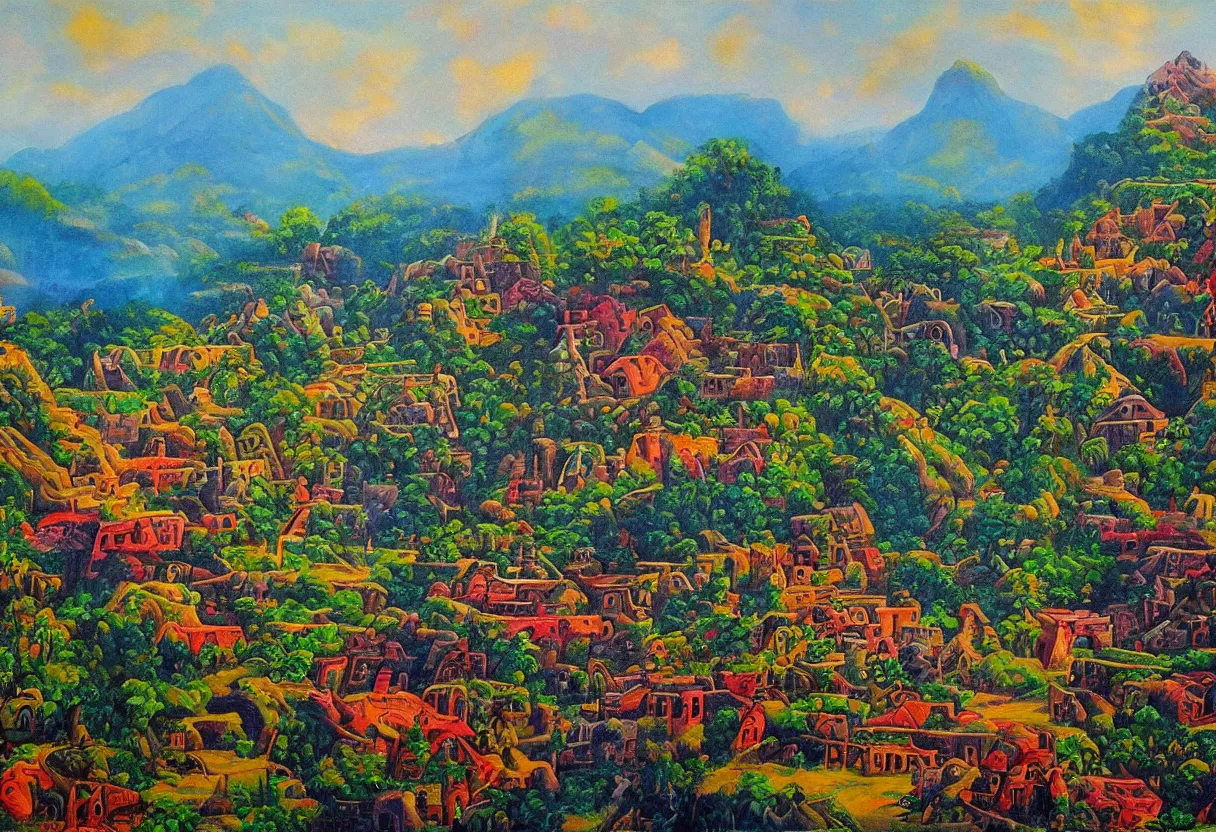 Image similar to aztec village between mountains, jungle, lakes and fields, colorful oil painting