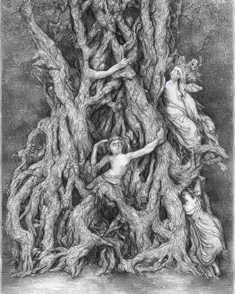 Prompt: A tree whose base is a wrist, its trunk is an arm, its branches are arms and fingers, its leaves are human heads and its flowers are human hair. Inspired by Gustave Doré.