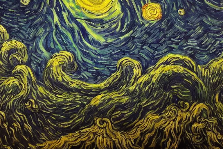 Prompt: man is seeing old god cthulhu terrifying the night sky of a city, epic scene oil painting hyper - detailed realistic dark - art painted by van gogh