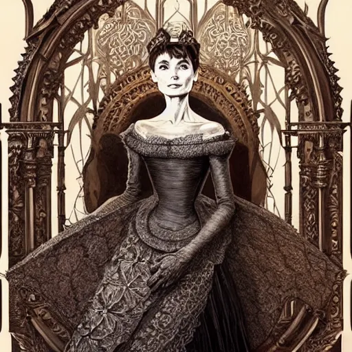 Image similar to audrey hepburn in an epic victorian novel, inside an ornate castle, intricate, elegant, highly detailed, digital painting, artstation, matte, illustration, art by artgerm, greg rutkowski, loish, rhads, ferdinand knab, makoto shinkai, lois van baarle, ilya kuvshinov, rossdraws, tom bagshaw