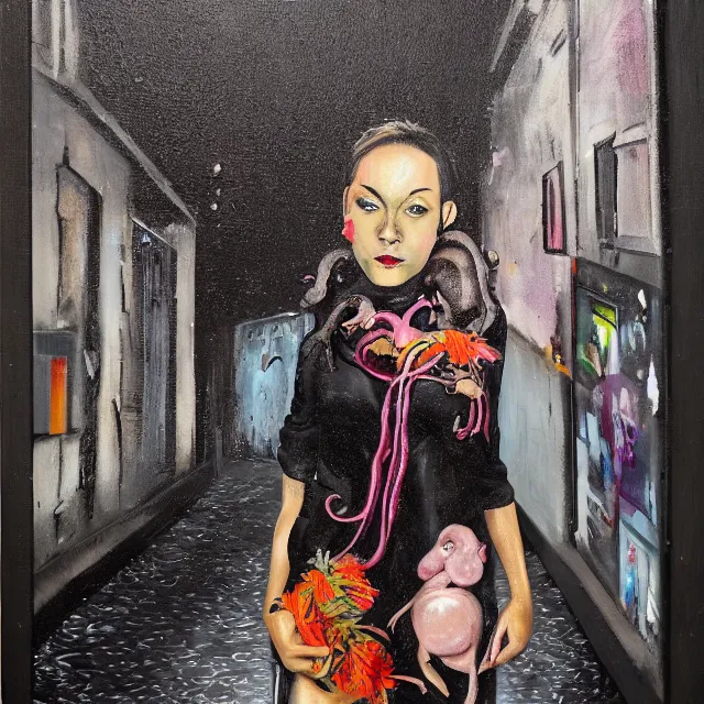 Image similar to a portrait in a dark laneway, a woman holding a piglet, streetlamps, wet, puddles, wild berries, rats, ikebana, octopus, neo - expressionism, surrealism, acrylic and spray paint and oilstick on canvas