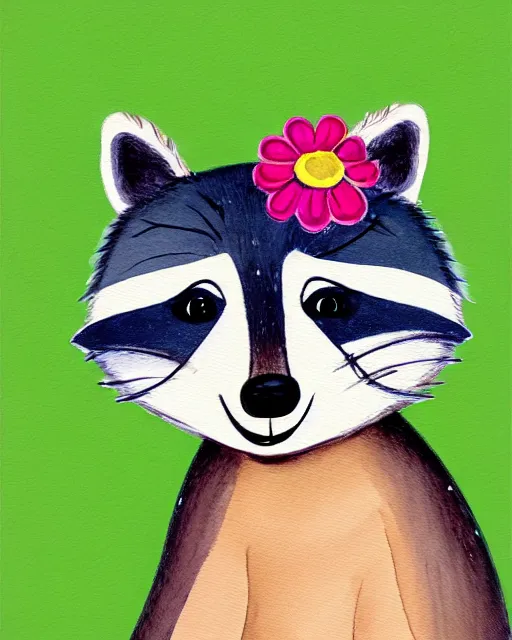 Image similar to a watecolor painting of a smiling happy cute raccoon wearing a flower crown, by antoine de saint - exupery and annabel kidston and naomi okubo and jean - baptiste monge. a child storybook illustration, muted colors, soft colors, low saturation, fine lines, white paper