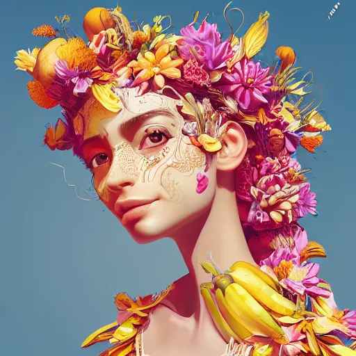 Prompt: the portrait of an absurdly beautiful, graceful, elegant young latina woman made of bananas and petals looking up, an ultrafine detailed illustration by kim jung gi, irakli nadar, intricate linework, bright colors, octopath traveler, final fantasy, angular, unreal engine 5 highly rendered, global illumination, radiant light, detailed and intricate environment