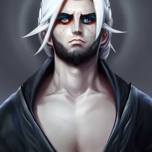 Prompt: white haired parted down the middle, black sclera white pupil, hakama wearing man, league of legends style, splash art, highly detailed, vray, trending on artstation
