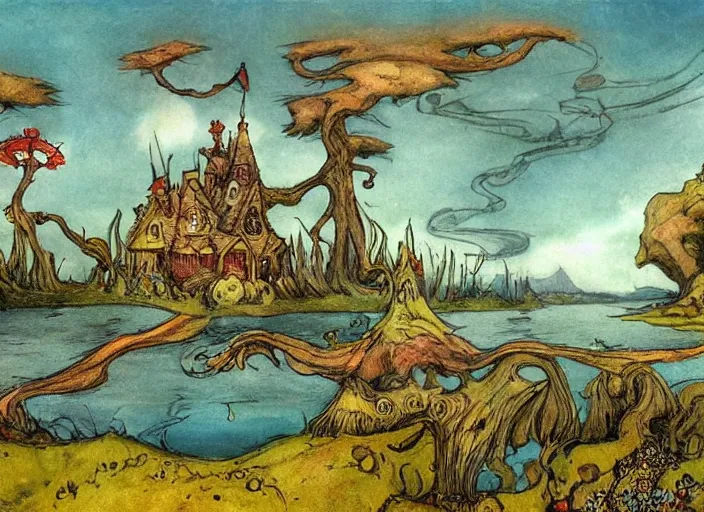 Prompt: a fantasy landscape with houses around a big lake, lowbrow in the style of alexander jansson and john bauer and francisco de goya,