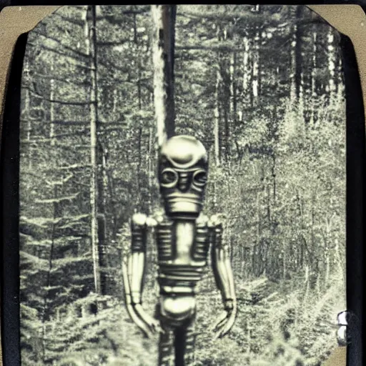 Prompt: old polaroid depicting a small intricate metallic alien probe, standing in a forest clearing