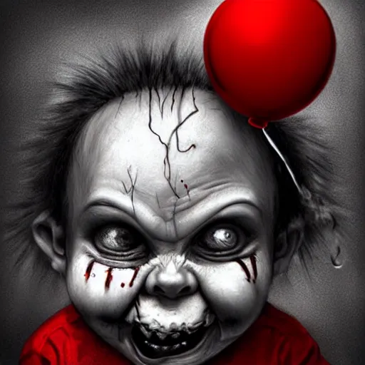 Image similar to surrealism grunge cartoon portrait sketch of chucky with a wide smile and a red balloon by - michael karcz, loony toons style, the conjuring style, horror theme, detailed, elegant, intricate