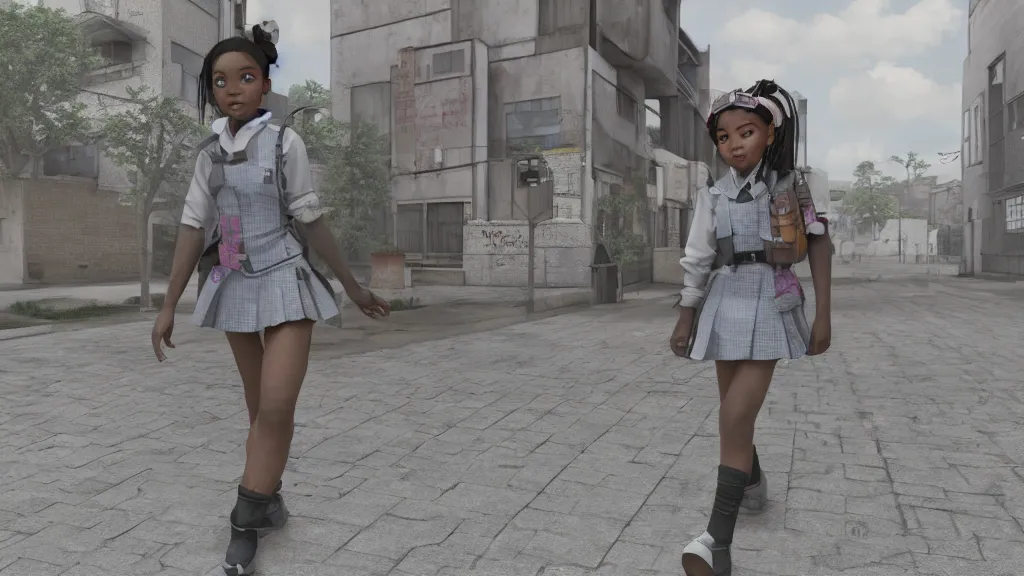 Prompt: cute schoolgirl walk in ghetto, in style of katsuya terada, hyper realism, octane render, 8 k, hyper detailed.