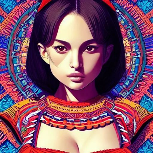 Image similar to a beautiful young japanese natalie portman alluring gravure model, wearing elaborate designer tank top, tank top with mesoamerican patterns, by akira toriyama and wlop and ilya kuvshinov and artgerm and, aesthetic, gorgeous, stunning, alluring, attractive, artstation, deviantart, pinterest, digital art