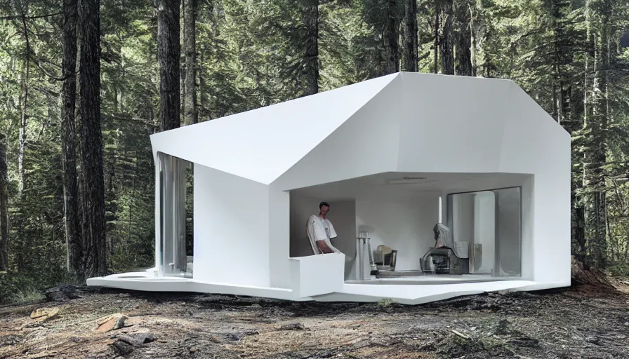Image similar to A small modern cabin in the woods with rounded corners, made of cement, Designed by Rolls Royce, Gucci, Balenciaga, and Wes Anderson, being 3d printed by a large scale robotic arm