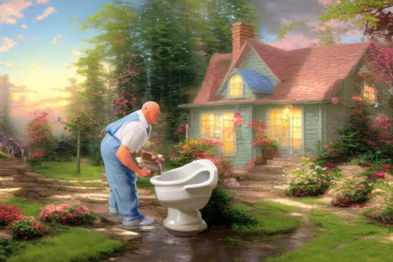 Prompt: thomas kinkade painting of mr clean scrubbing a toilet