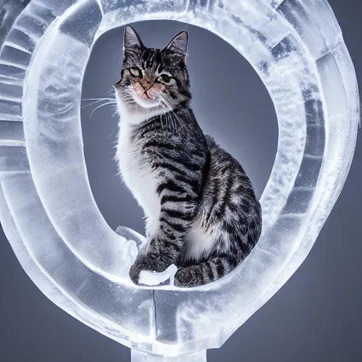 Image similar to ice sculpture of a cat, award winning photography, cinematic