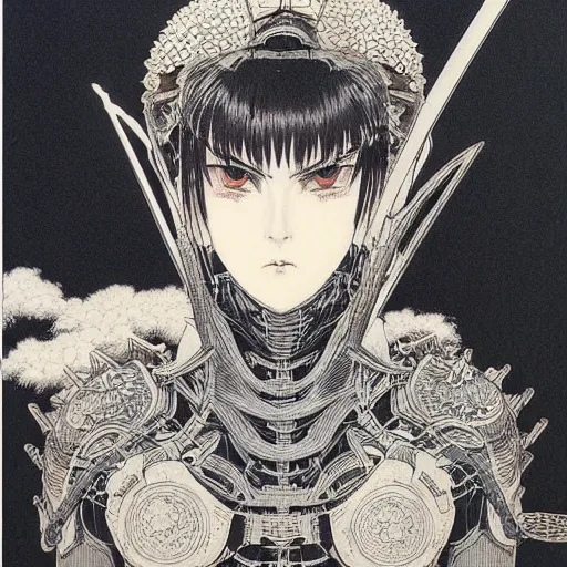 Image similar to prompt : black and white portrait soft light painted by takato yamamoto, black knight armor, inspired by ghost in shell anime, smooth face feature, intricate oil painting, high detail, sharp high detail, manga and anime 1 9 8 0