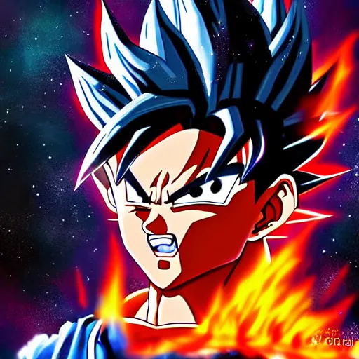 Image similar to Goku on fire in space, painting, Artstation