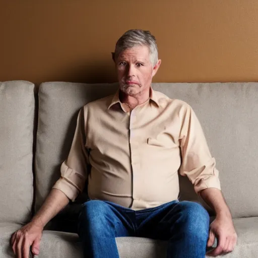 Image similar to full body photo of steve, mature male, mysterious face. he is sitting gracefully on a sofa, elegant slim beige shirt, tight shirt, big belly