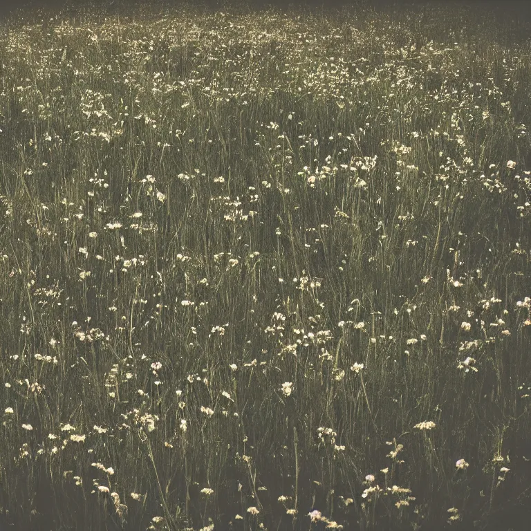 Image similar to dark illustration of abandoned skeleton bones in a meadow of flowers