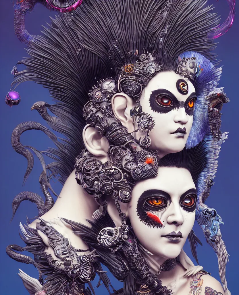 Image similar to 3 d goddess close - up profile portrait punk with mohawk with ram skull. beautiful intricately detailed japanese crow kitsune mask and clasical japanese kimono. betta fish, jellyfish phoenix, bio luminescent, plasma, ice, water, wind, creature, artwork by tooth wu and wlop and beeple and greg rutkowski