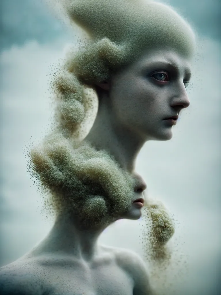 Prompt: kodak portra 4 0 0 fine art portrait by paolo roversi of a dystopian woman hybrid white sand smoke statue in a scenic dystopian environment, sand smoke hair floating in air, dreamy intricate, elegant, highly detailed, digital art, artstation, smooth, sharp focus, tomasz alen kopera, peter mohrbacher, donato giancola, tonal colors